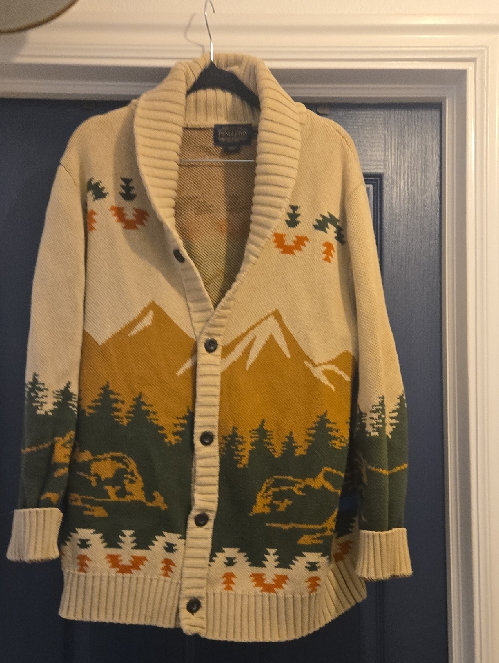 Pendleton MED Shawl Collar Cardigan in Cream, Mustard, Green and Orange